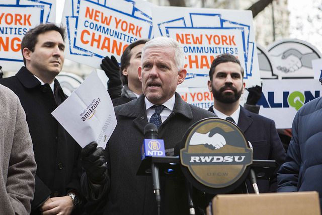 Queens Councilmember Jimmy Van Bramer at a rally against Amazon last month